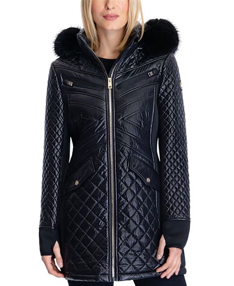 michael kors women's faux-fur-trim hooded quilted coat|Women's Quilted Faux.